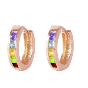 14K Solid Rose Gold Hoop Huggie Earrings Multi Gemstones Gemstone