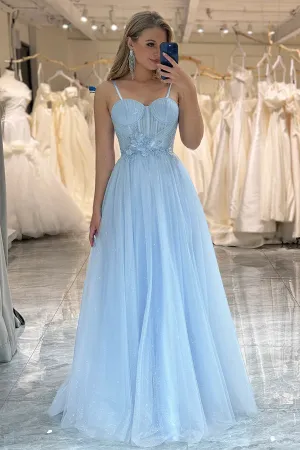 A Line Spaghetti Straps Tulle Blue Sparkly Prom Dress PSK473