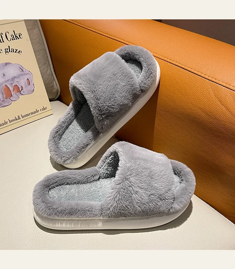 Amozae-2024 Winter Women's Slippers Thick-bottomed Fur Furry Slippers for Home Soft Platform Shoes Indoor House Warm Cotton Slippers