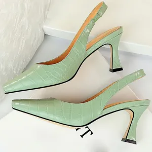 Amozae-Women Summer 8cm High Heels Sandles Square Toe Slingback Shoes Green Yellow Leather Korean High Heels Designer Prom Sandals