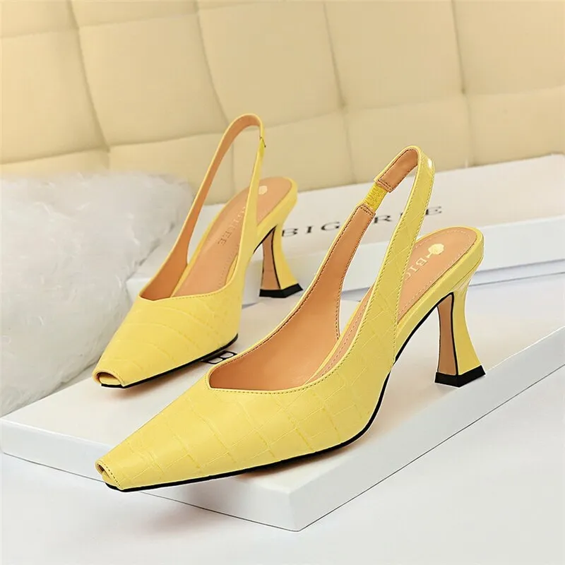 Amozae-Women Summer 8cm High Heels Sandles Square Toe Slingback Shoes Green Yellow Leather Korean High Heels Designer Prom Sandals