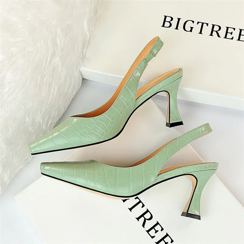 Amozae-Women Summer 8cm High Heels Sandles Square Toe Slingback Shoes Green Yellow Leather Korean High Heels Designer Prom Sandals