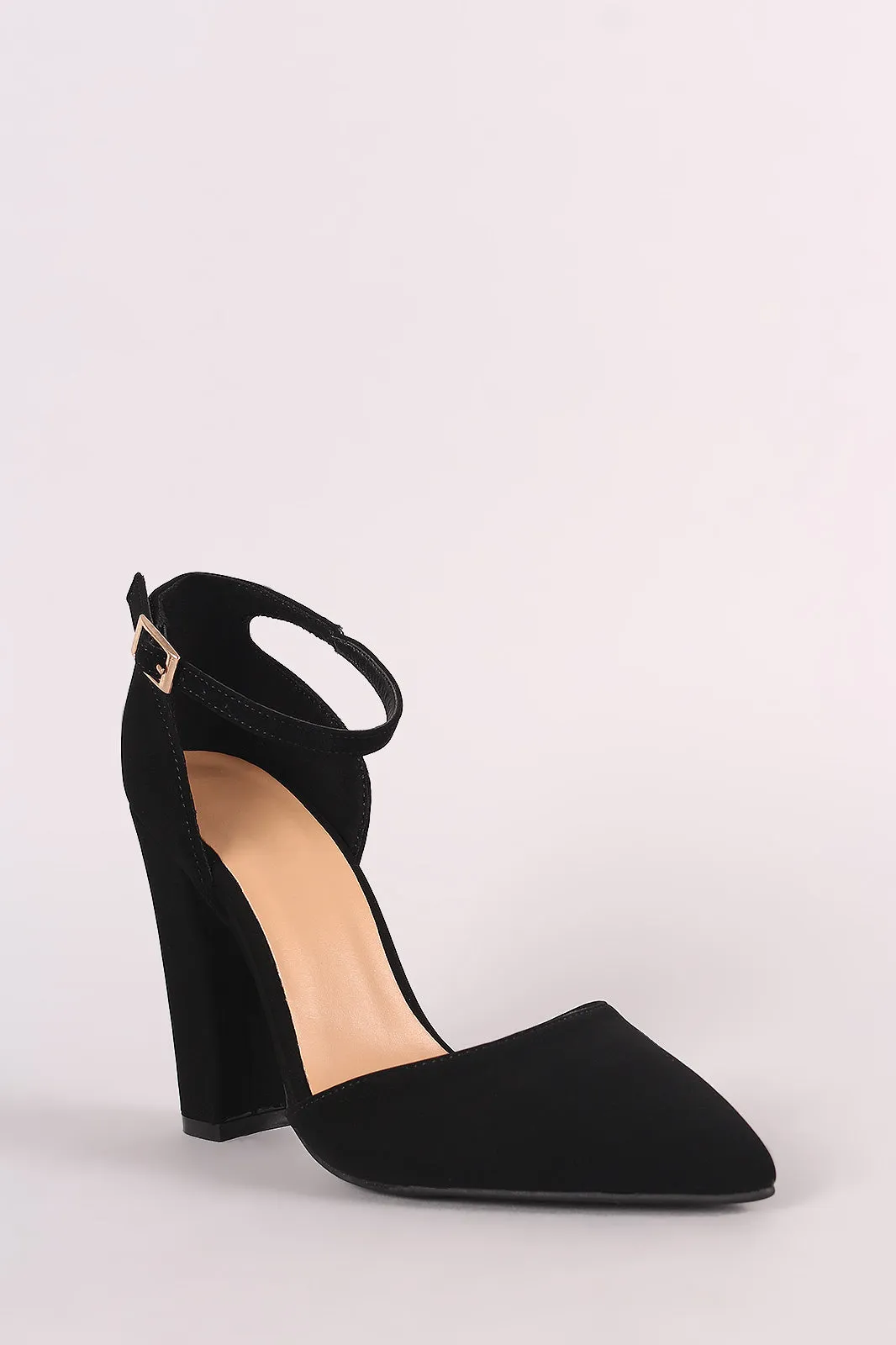 Bamboo Nubuck Pointy Toe Ankle Strap Chunky Heeled Pump