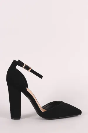 Bamboo Nubuck Pointy Toe Ankle Strap Chunky Heeled Pump