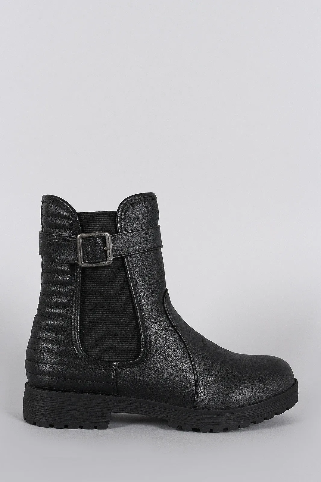 Bamboo Quilted Buckle Round Toe Moto Ankle Boots