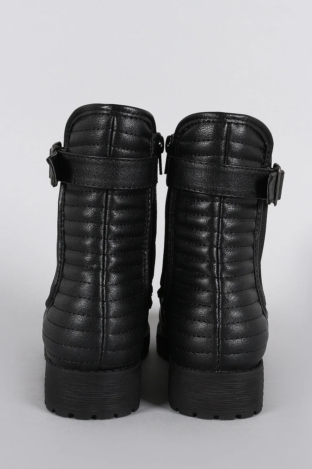 Bamboo Quilted Buckle Round Toe Moto Ankle Boots