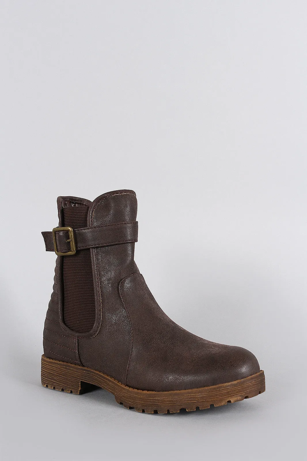 Bamboo Quilted Buckle Round Toe Moto Ankle Boots