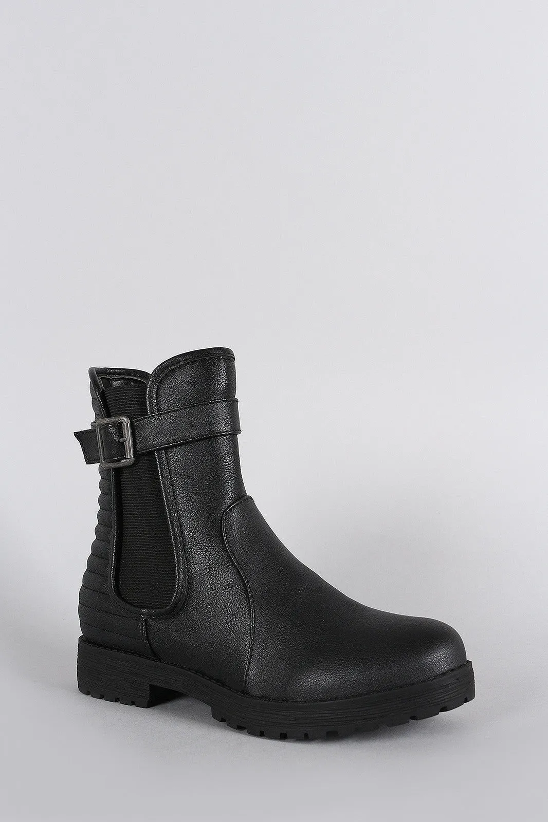 Bamboo Quilted Buckle Round Toe Moto Ankle Boots