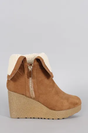 Bamboo Suede Faux Shearling Cuff Wedge Bootie