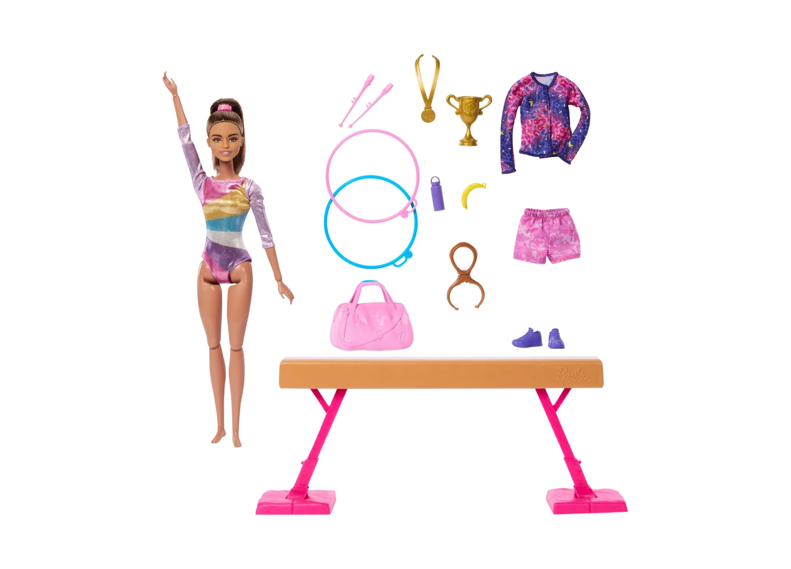 Barbie Gymnastics Play Set with Brunette Fashion Doll, Balance Beam, 10 Plus Accessories and Flip Feature