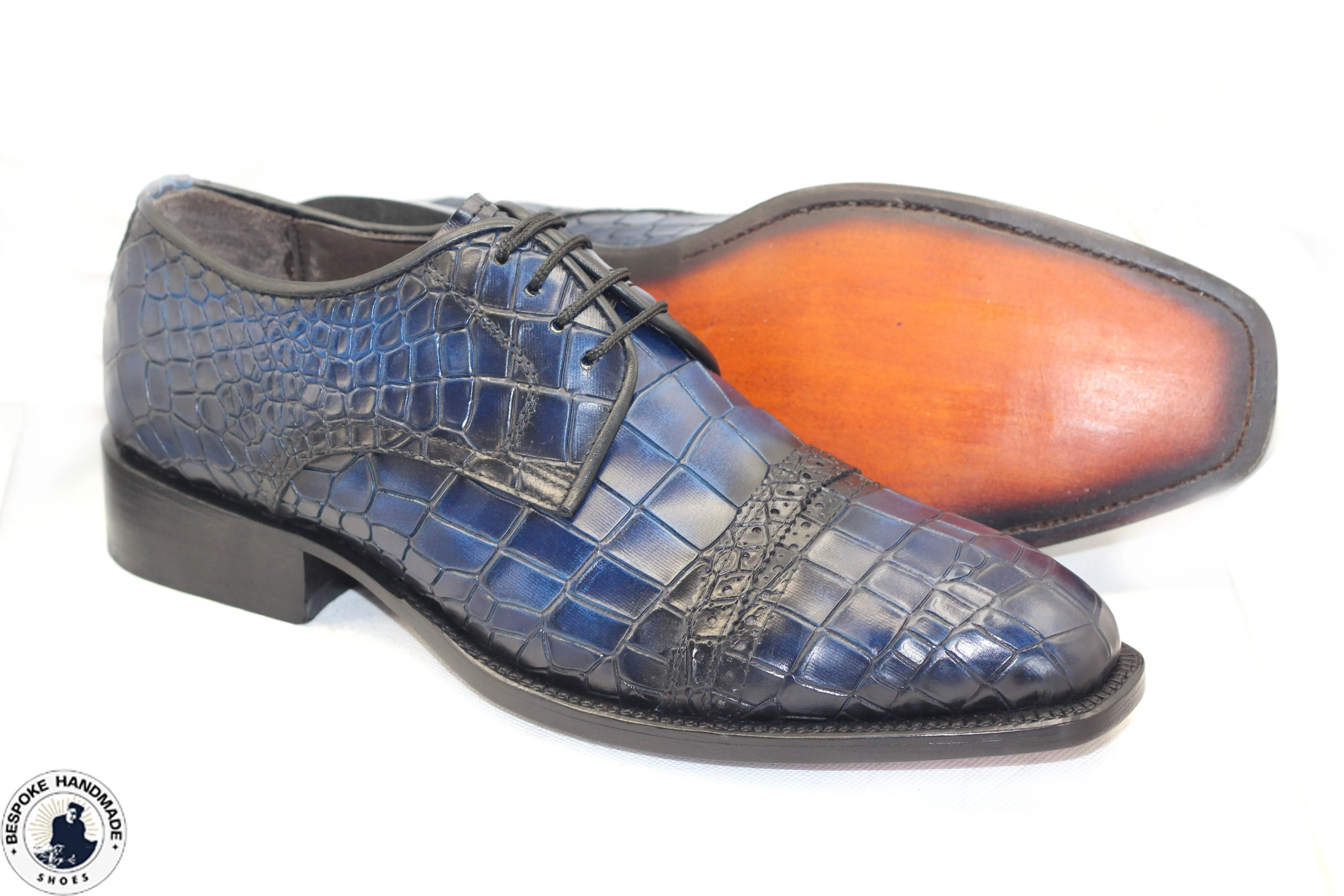 Bespoke Handmade Men's Crocodile Print Blue Leather Shoes, Derby Lace Up Shoes