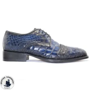 Bespoke Handmade Men's Crocodile Print Blue Leather Shoes, Derby Lace Up Shoes