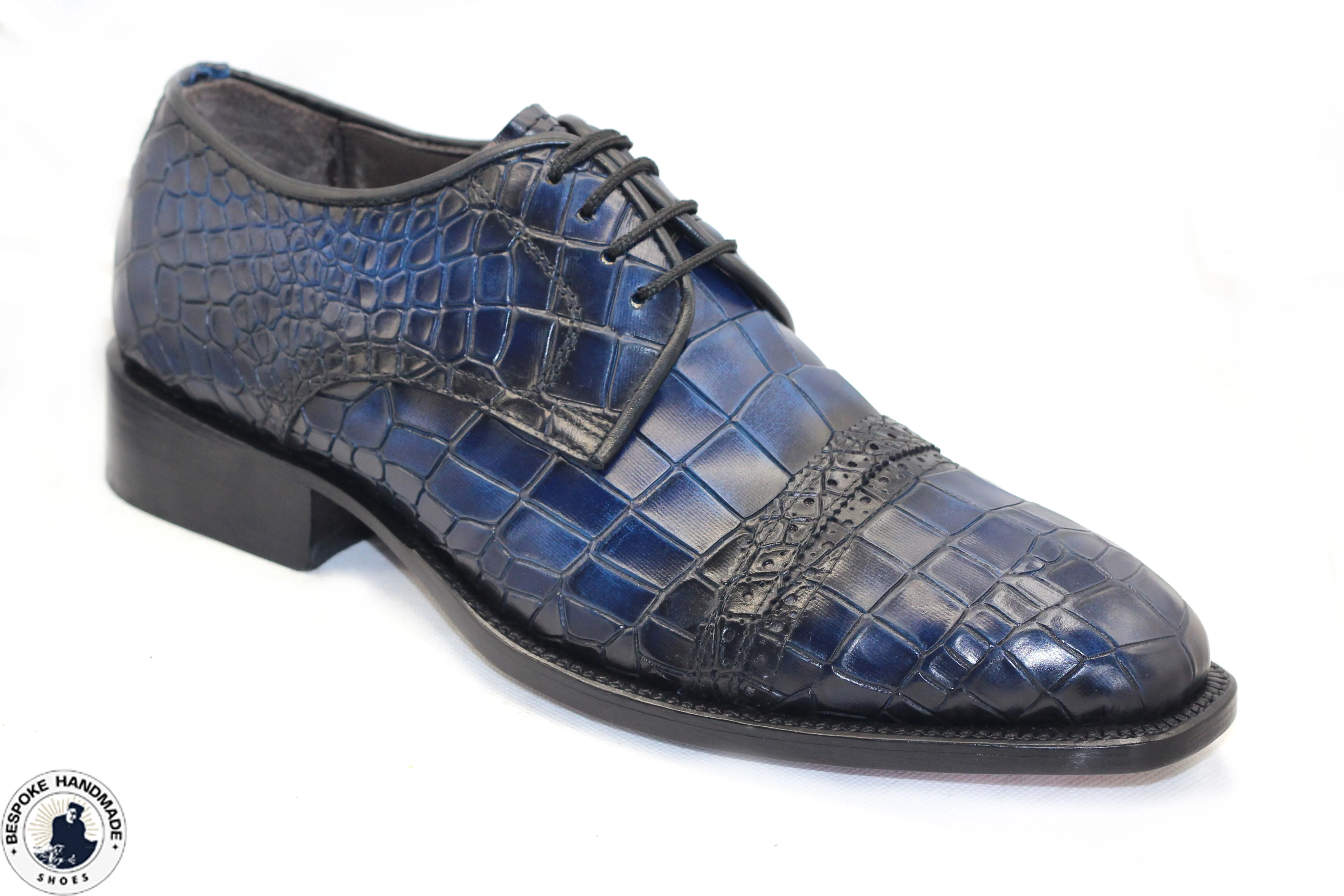 Bespoke Handmade Men's Crocodile Print Blue Leather Shoes, Derby Lace Up Shoes