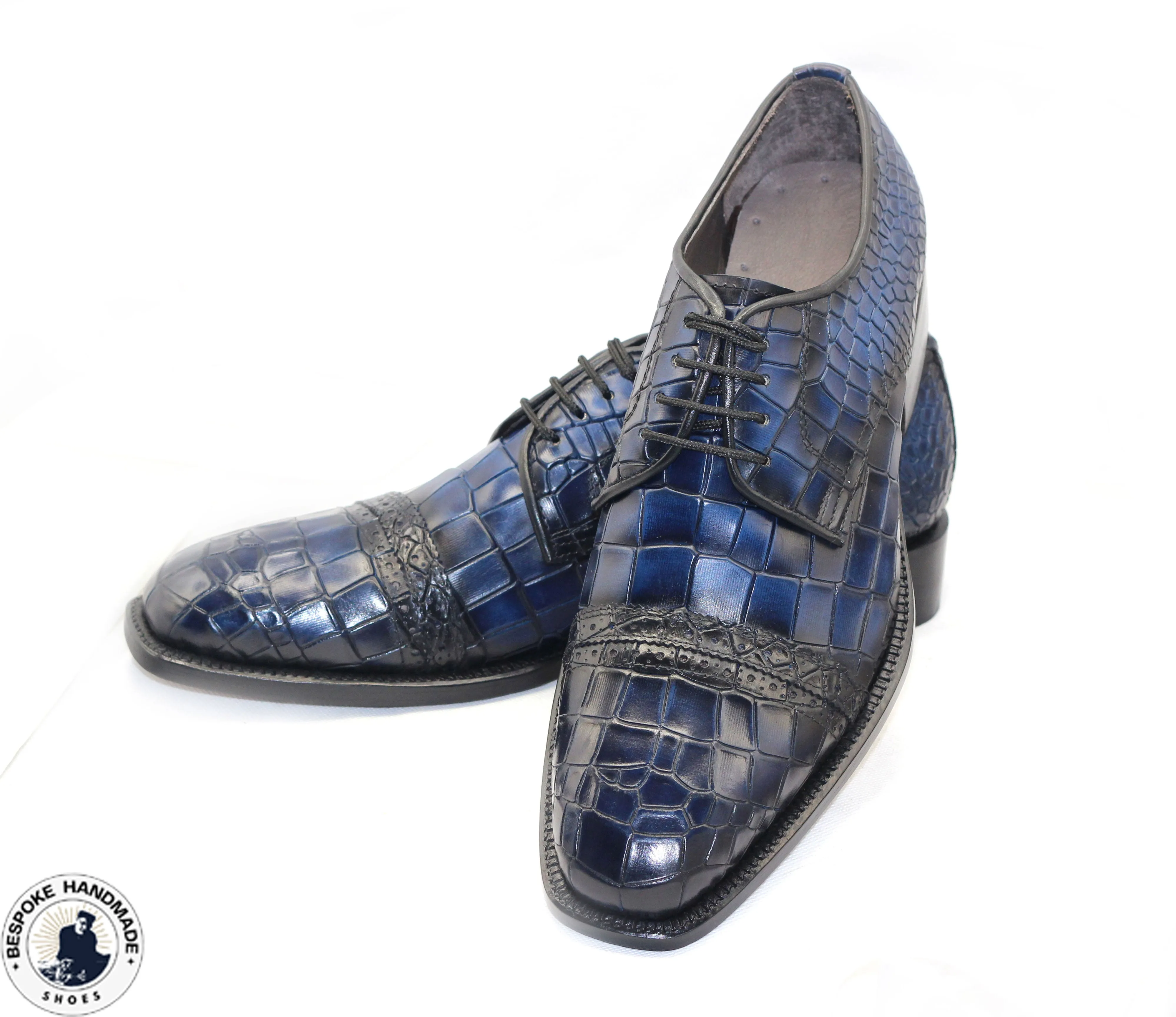 Bespoke Handmade Men's Crocodile Print Blue Leather Shoes, Derby Lace Up Shoes