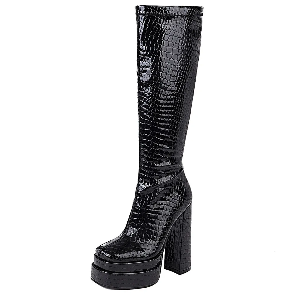 Big Size 34-43 Luxury Brand Ladies Platform Knee High Boots Fashion Zip Thick High Heels Boots Women Party OL   Shoes Woman