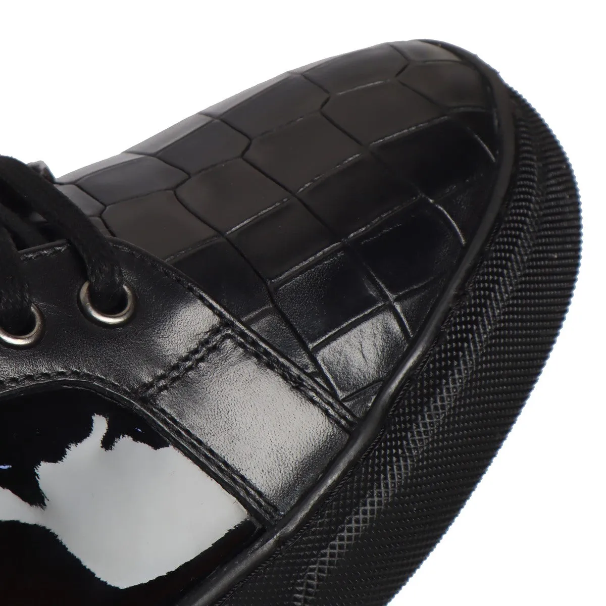 Black Low-Top Sneakers Patent with Deep Cut Croco Toe Leather