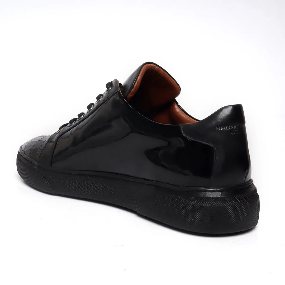 Black Low-Top Sneakers Patent with Deep Cut Croco Toe Leather