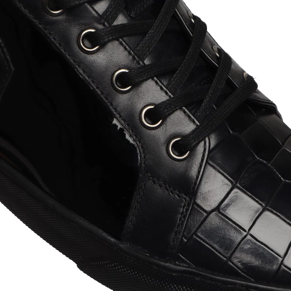 Black Low-Top Sneakers Patent with Deep Cut Croco Toe Leather