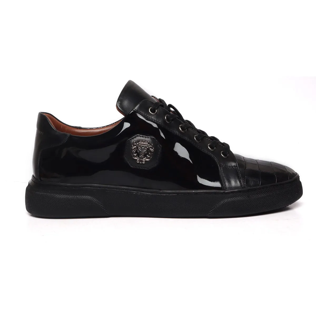 Black Low-Top Sneakers Patent with Deep Cut Croco Toe Leather