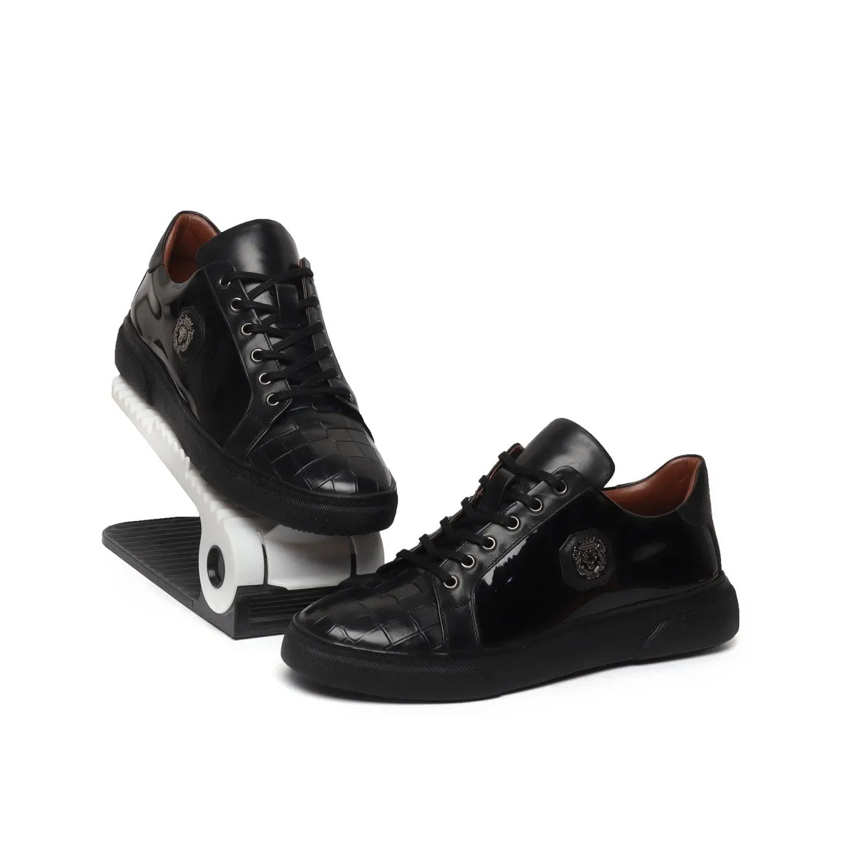 Black Low-Top Sneakers Patent with Deep Cut Croco Toe Leather