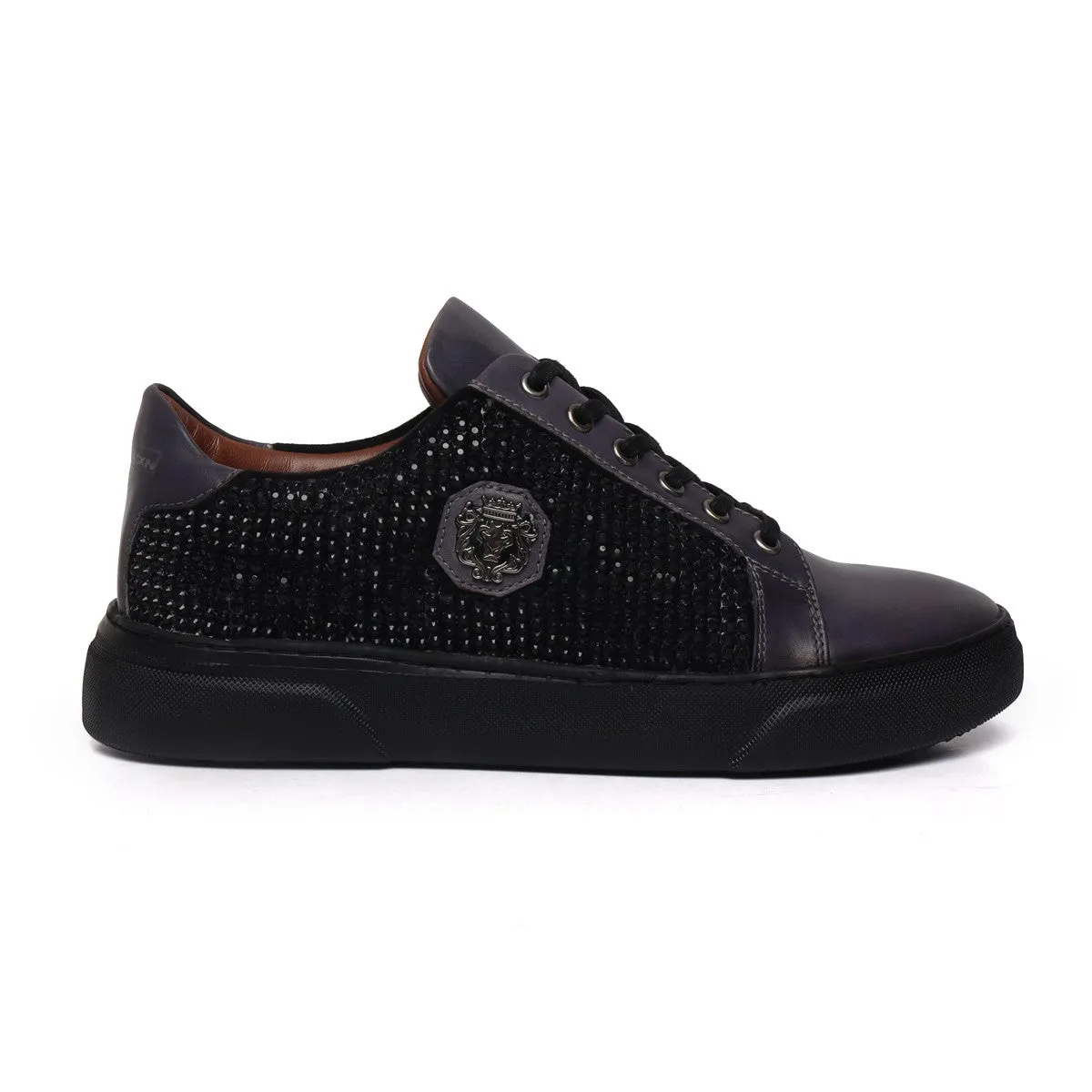 Black Rhinestones Grey Leather Low Top Sneakers by Brune & Bareskin