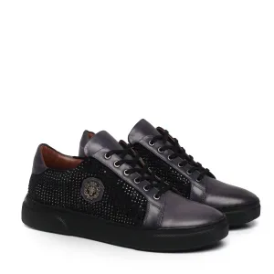 Black Rhinestones Grey Leather Low Top Sneakers by Brune & Bareskin