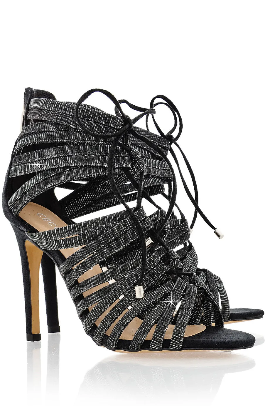 CECCONELLO ALESIA Silver Black Cord Heeled Sandals