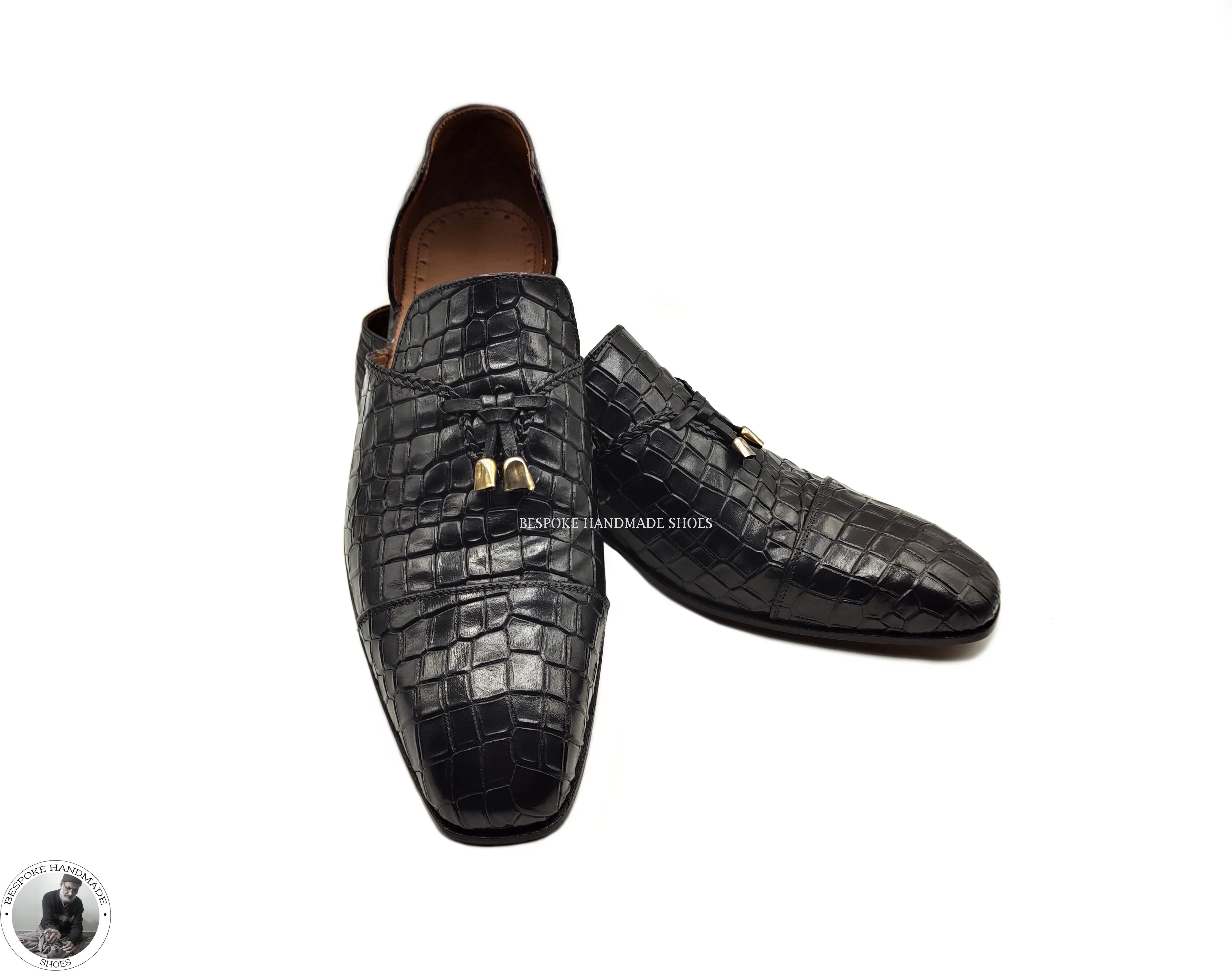 Custom Made Men’s Premium Quality Black Alligator Leather Slip on Half Shoe Leather Tassels Moccasin Shoes