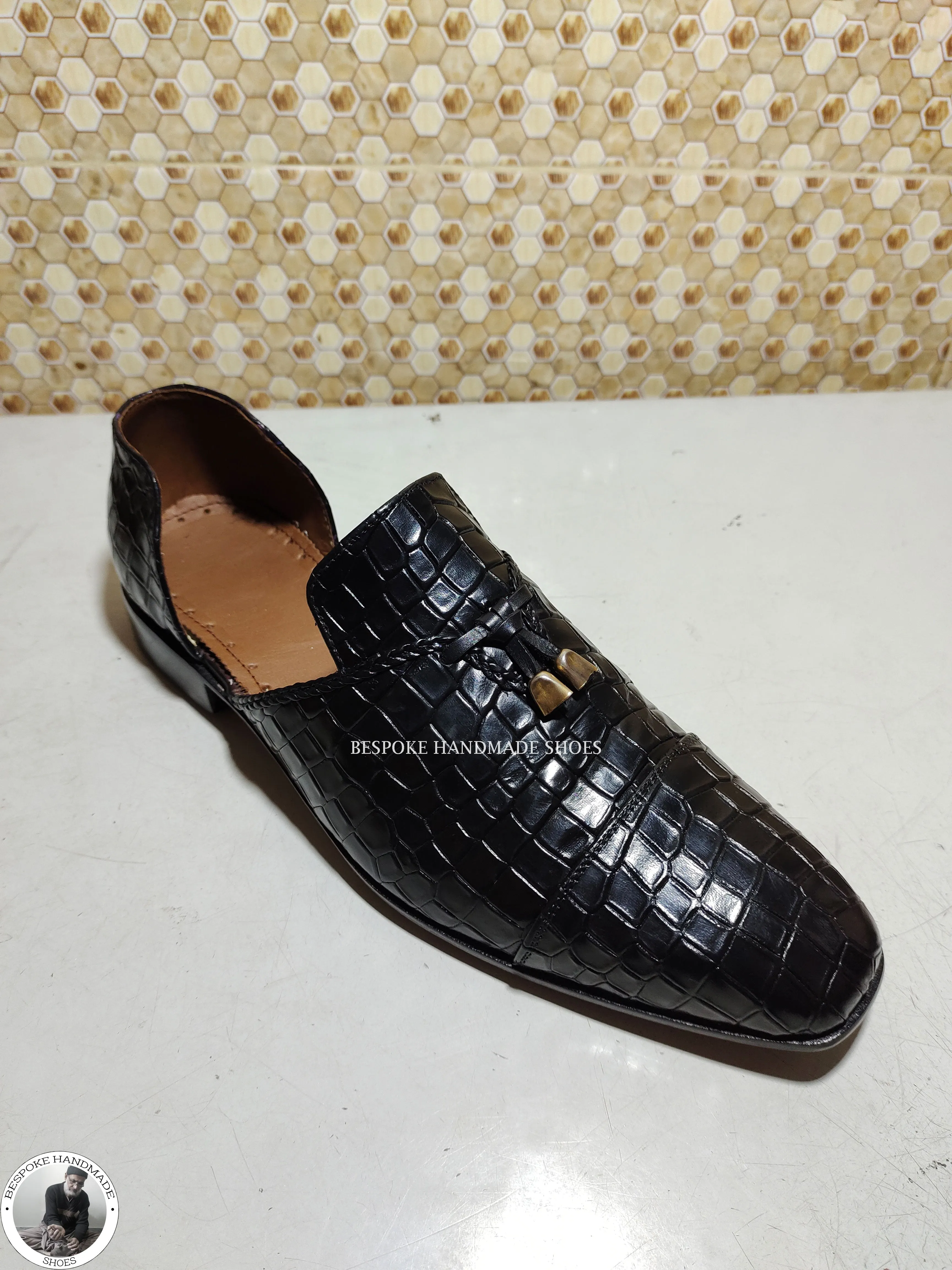 Custom Made Men’s Premium Quality Black Alligator Leather Slip on Half Shoe Leather Tassels Moccasin Shoes