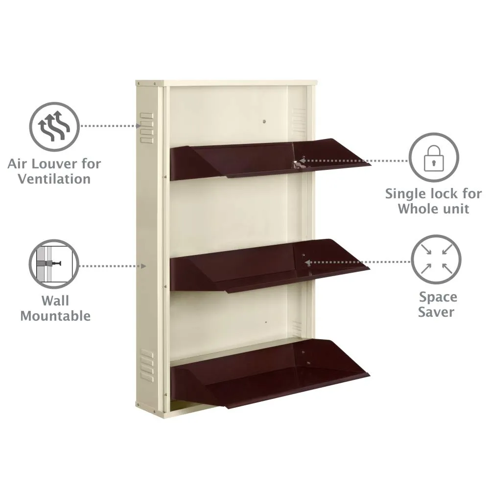 DELITE KOM 24 Inches wide Three Door Powder Coated Wall Mounted Metallic Ivory Coffee Metal Shoe Rack (Brown, 3 Shelves, DIY(Do-It-Yourself)