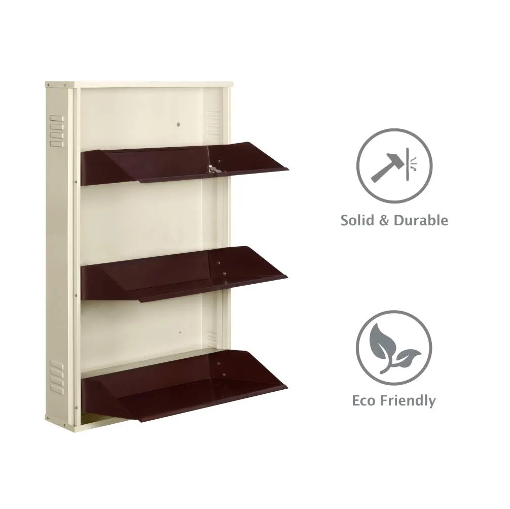 DELITE KOM 24 Inches wide Three Door Powder Coated Wall Mounted Metallic Ivory Coffee Metal Shoe Rack (Brown, 3 Shelves, DIY(Do-It-Yourself)