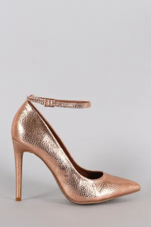 Dollhouse Cracked Metallic Pointy Toe Ankle Strap Stiletto Pump