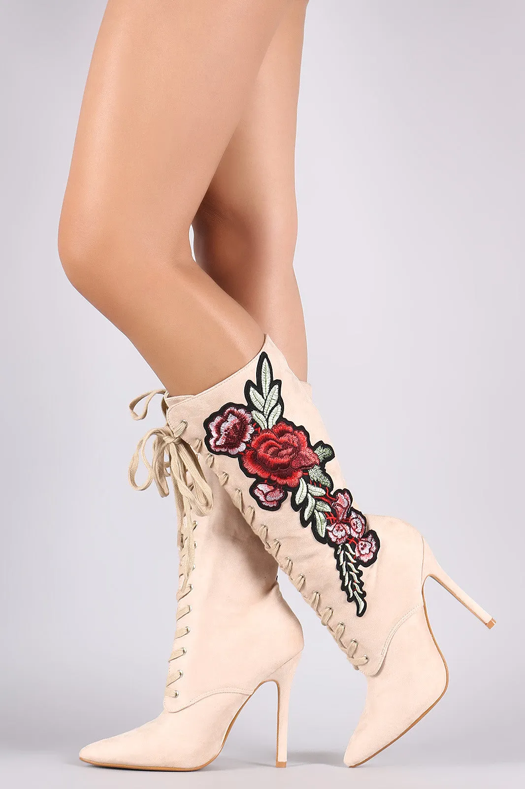 Embroidered Floral Suede Lace Up Boots