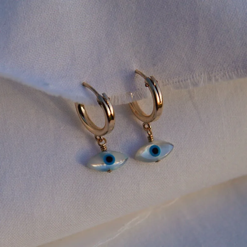 Evil Eye Mother of Pearl Huggie Hoop Earrings