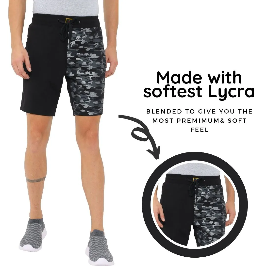 FabSeasons Casual Premium Fashion Black Camouflage Printed Lycra Shorts for Mens