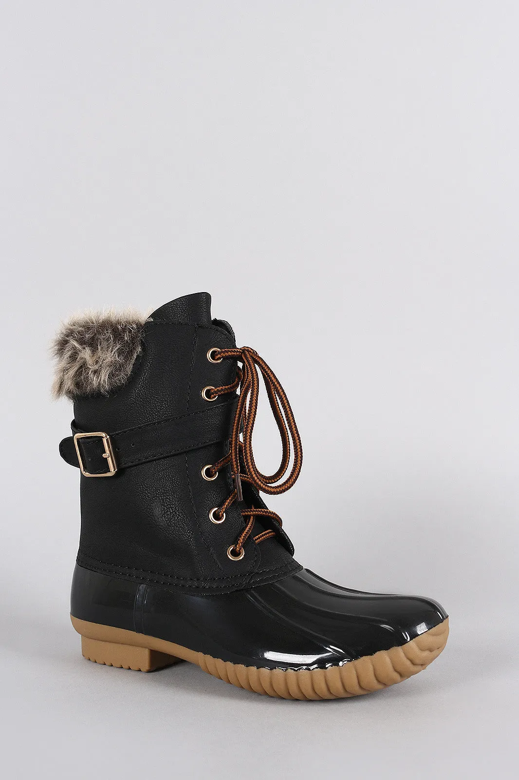 Faux Fur Cuff Lace Up Duck Ankle Boots