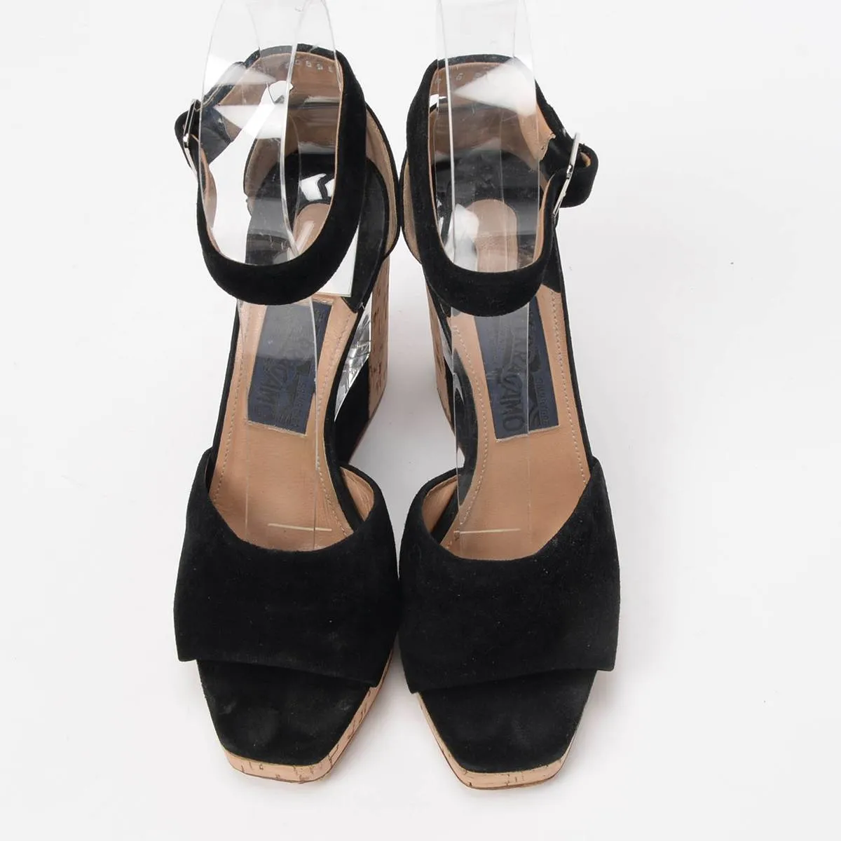 Ferragamo Black Suede Pert Cork Wedges 7.5