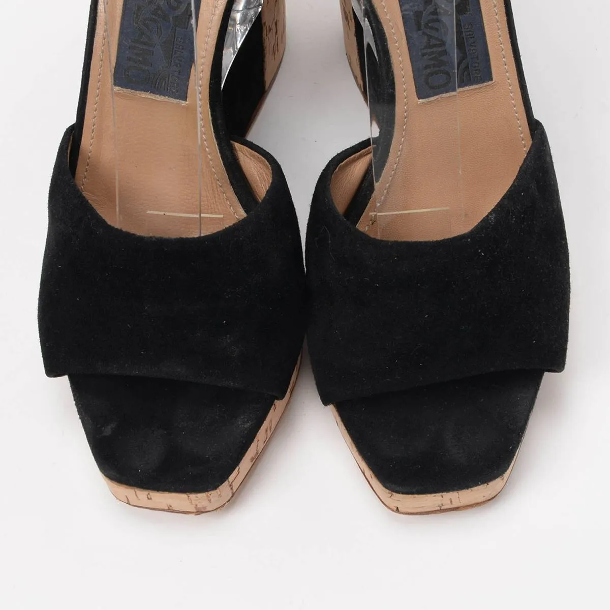 Ferragamo Black Suede Pert Cork Wedges 7.5