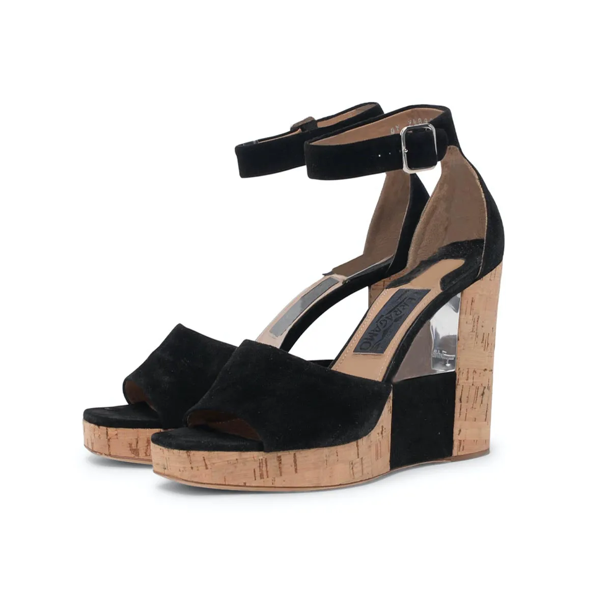 Ferragamo Black Suede Pert Cork Wedges 7.5