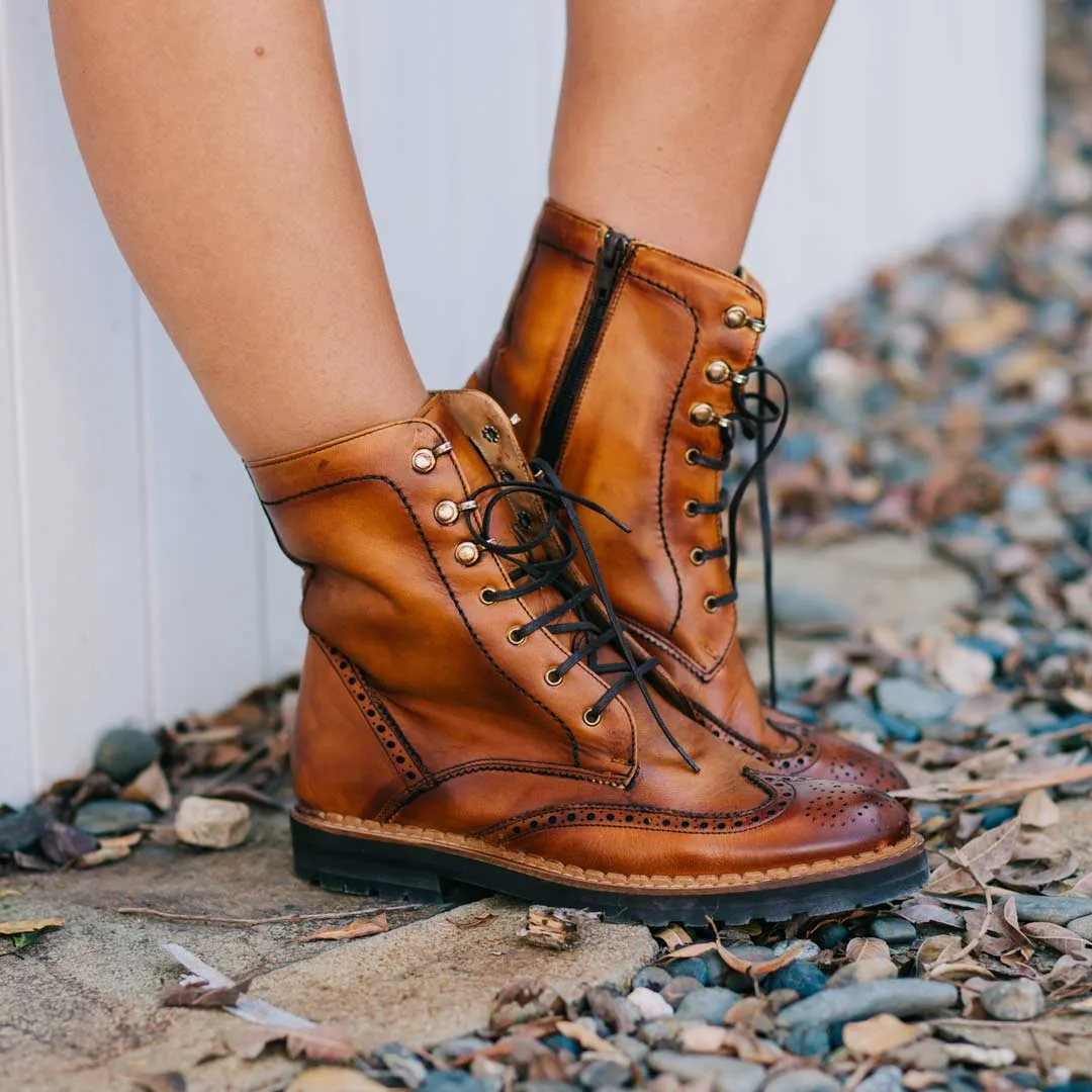 Gaia Lace-up Brogue Boots - Cognac Leather