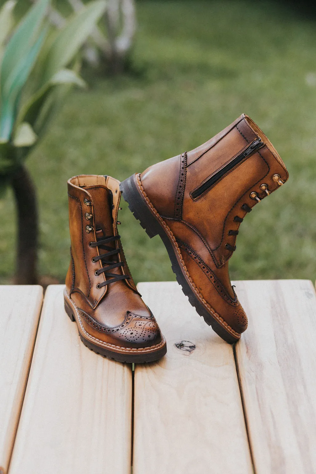 Gaia Lace-up Brogue Boots - Cognac Leather