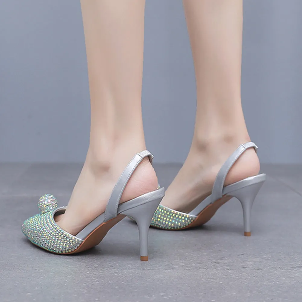 Glittering Rhinestone Ball Bead Pointed Toe High Heels