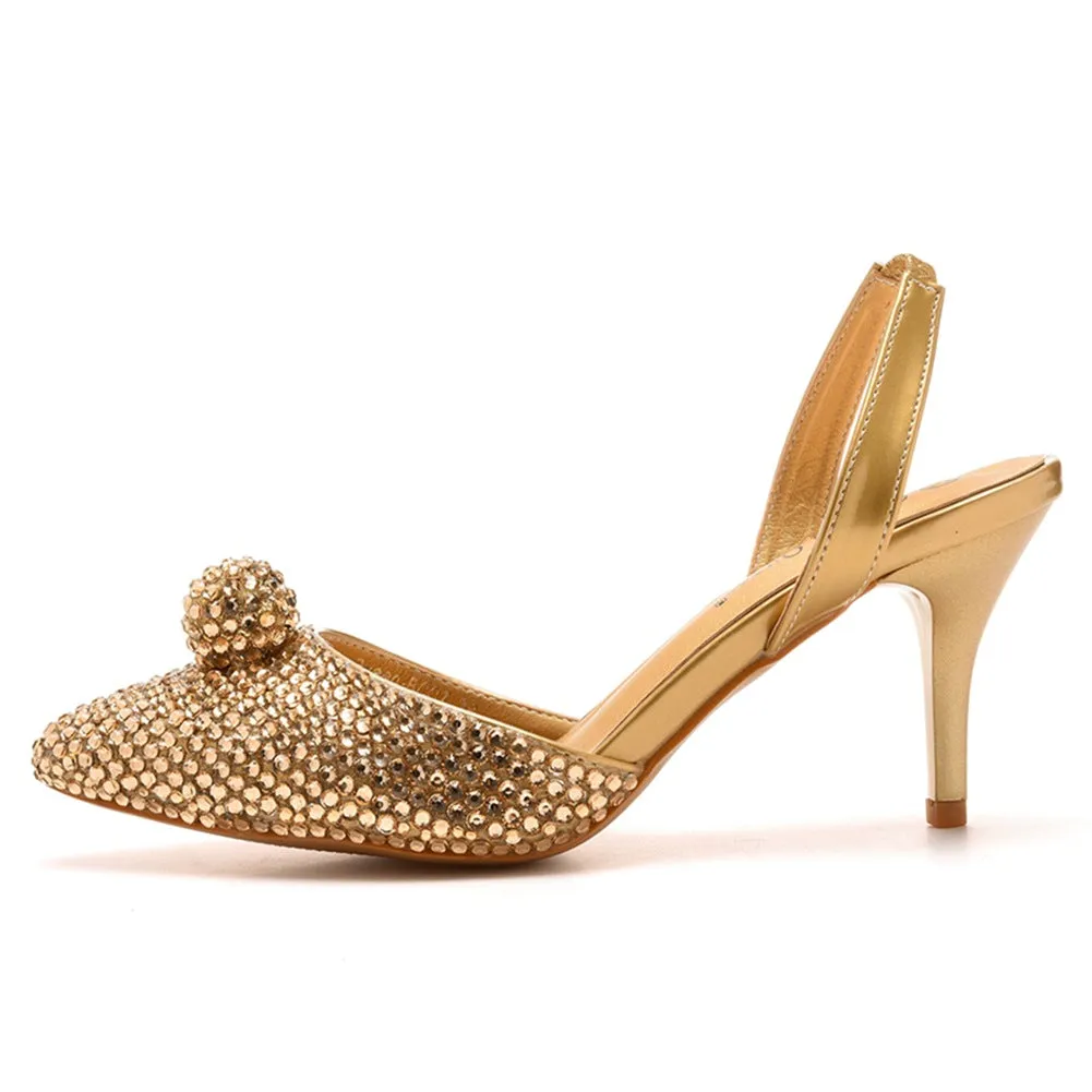 Glittering Rhinestone Ball Bead Pointed Toe High Heels