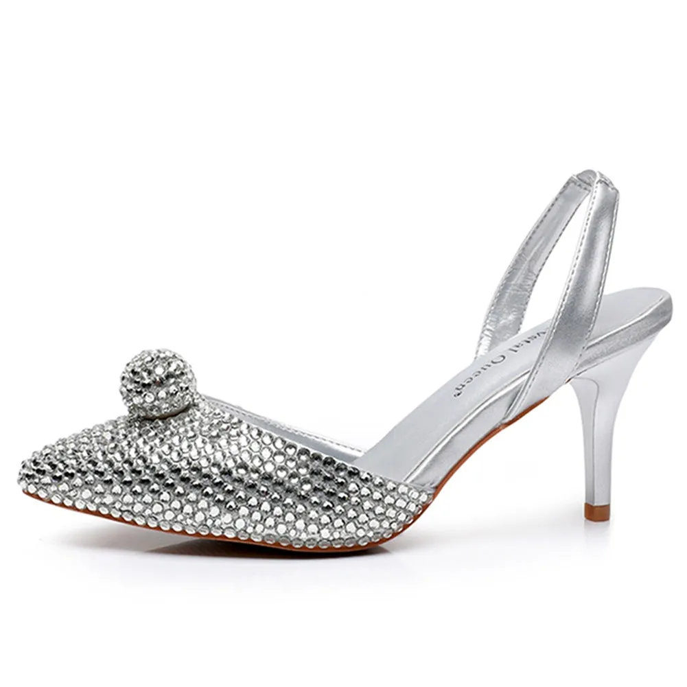 Glittering Rhinestone Ball Bead Pointed Toe High Heels