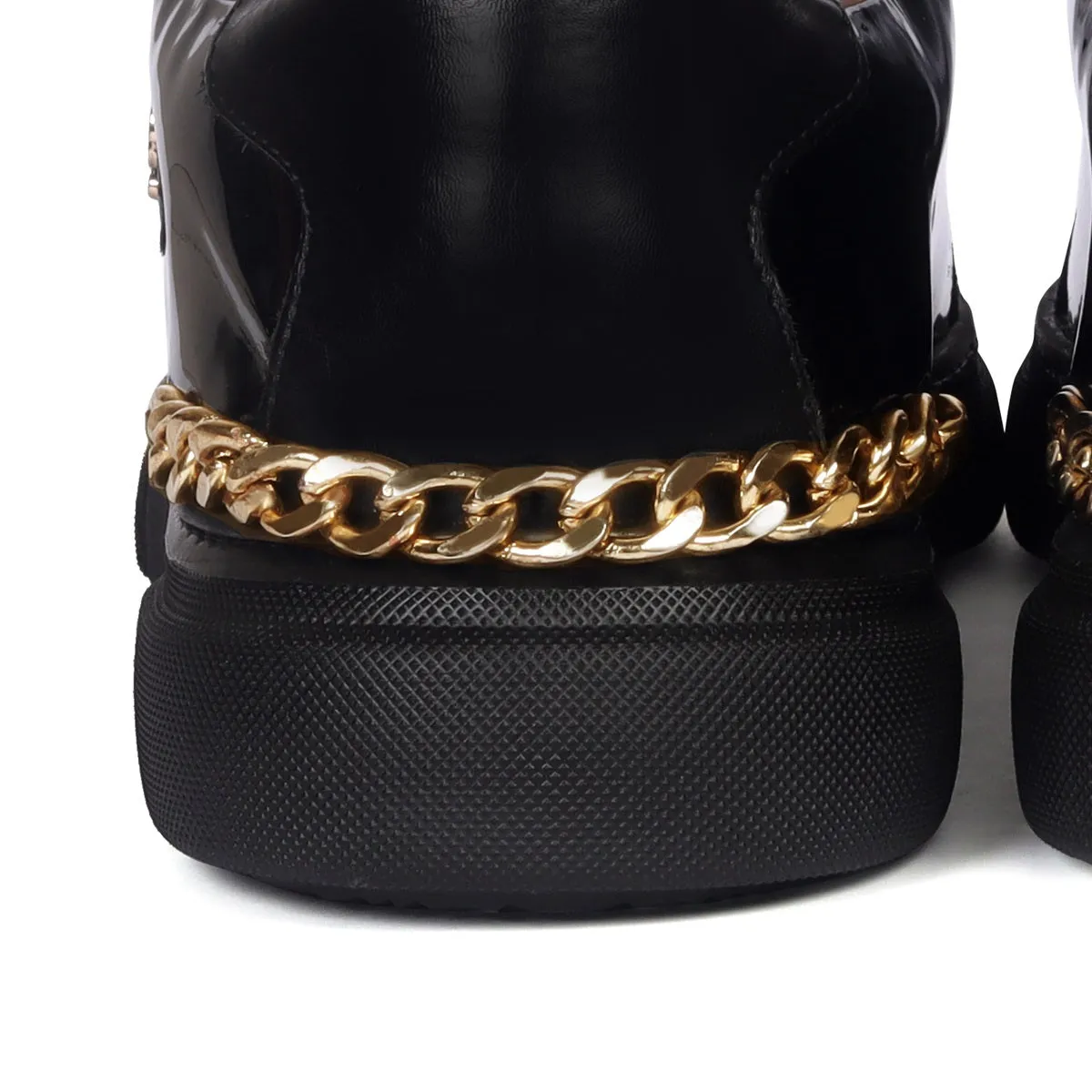 Golden Chain Embellished Sneakers with Zipper Lace Up Patent Quarter with Deep Cut Croco Print Toe Leather