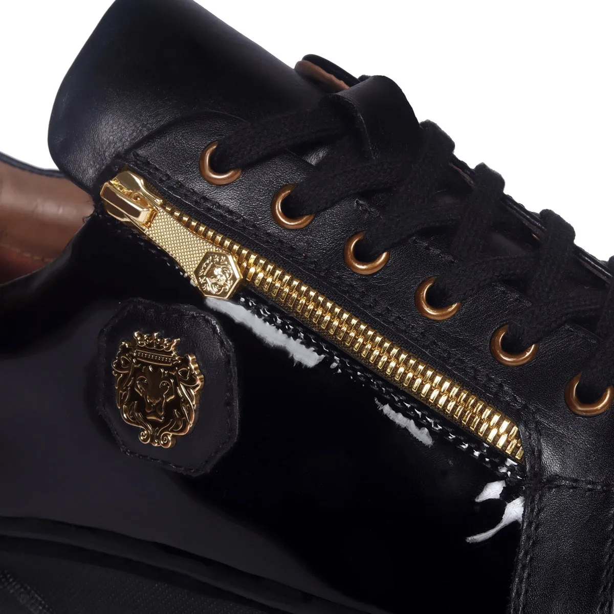 Golden Chain Embellished Sneakers with Zipper Lace Up Patent Quarter with Deep Cut Croco Print Toe Leather