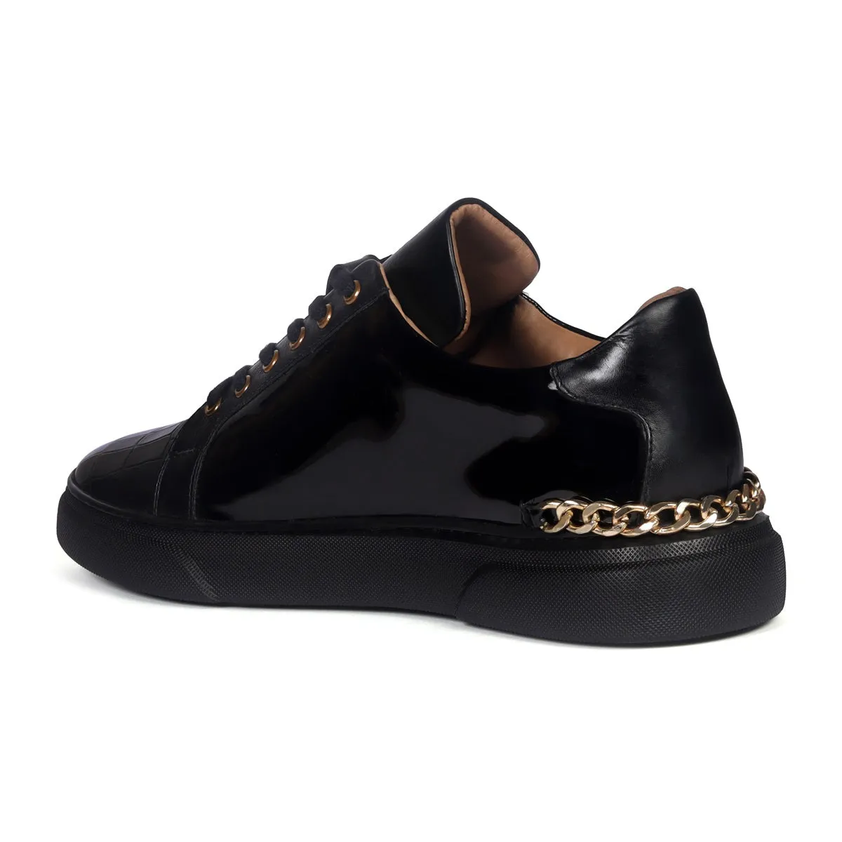 Golden Chain Embellished Sneakers with Zipper Lace Up Patent Quarter with Deep Cut Croco Print Toe Leather