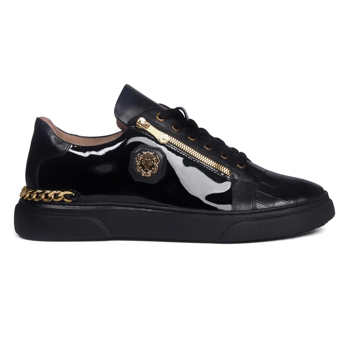 Golden Chain Embellished Sneakers with Zipper Lace Up Patent Quarter with Deep Cut Croco Print Toe Leather