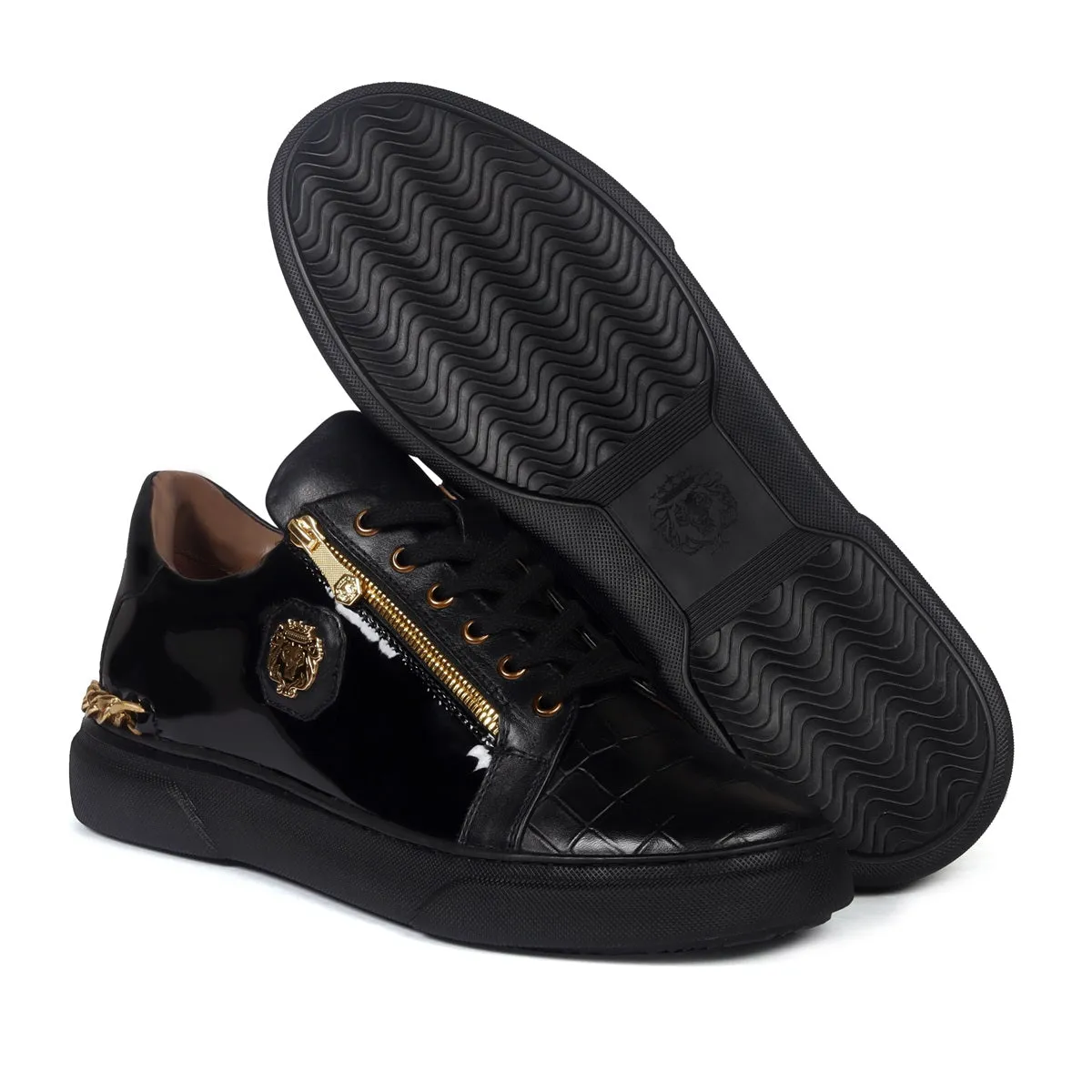 Golden Chain Embellished Sneakers with Zipper Lace Up Patent Quarter with Deep Cut Croco Print Toe Leather