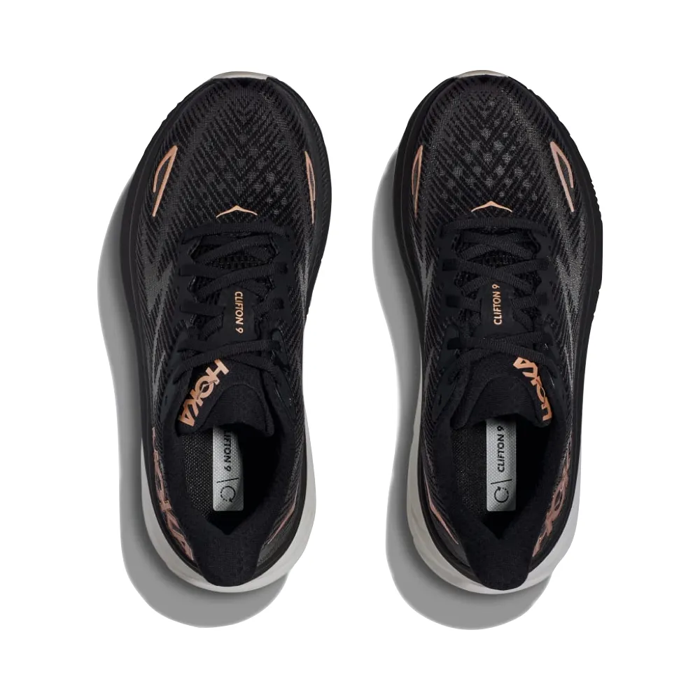 Hoka Women's Clifton 9 Sneaker in Black/Rose Gold